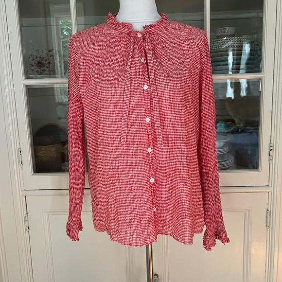 Agnes B. Cotton Gingham Button Down Blouse, Size M-L/44, Red & White - Picture 1 of 10